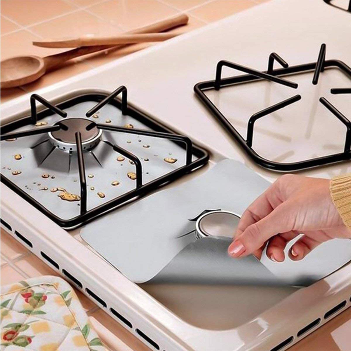 Reusable Stove Protectors, Gas Burner Cover, Aluminum Liner, Stove Mat, Cookware Cleaning Liner - 4 Pcs