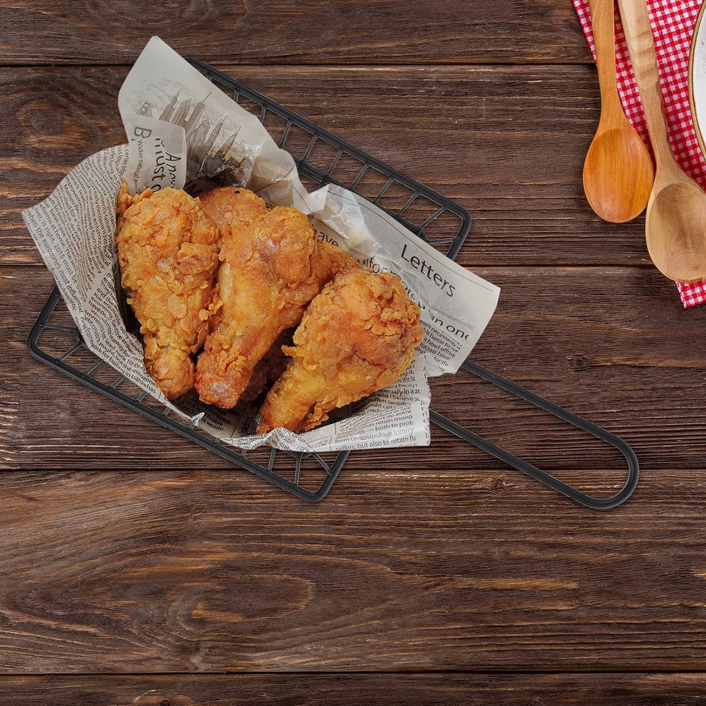 Stainless Steel Deep Fry Basket Wire Mesh French Chip Frying Serving Food Presentation Tableware with Handle for Chips Onion Rings Chicken Wing Square