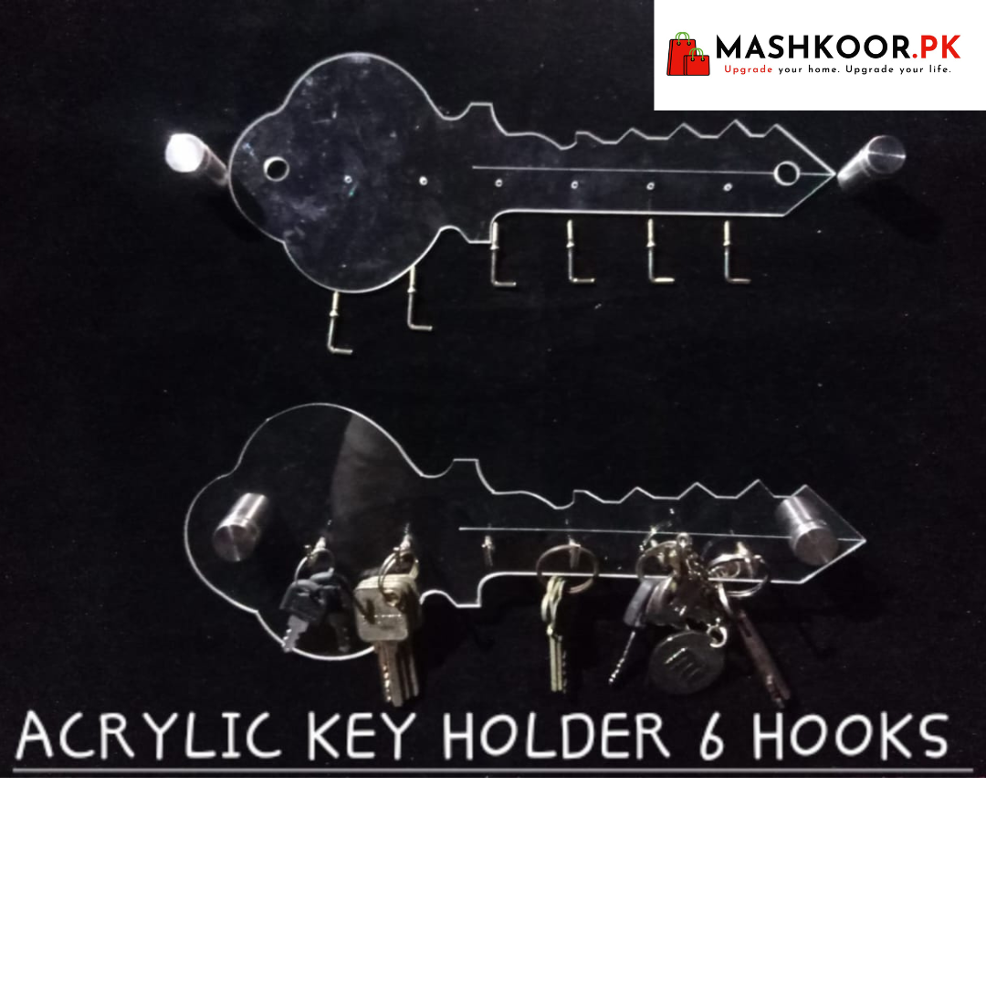 Clear Acrylic Key Shaped Holder 6 Hooks Wall Decorative Mounted Key Ha ...