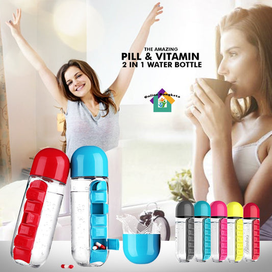 Pill & Vitamin Organizer Water Bottle – Daily Hydration & Medicine Companion