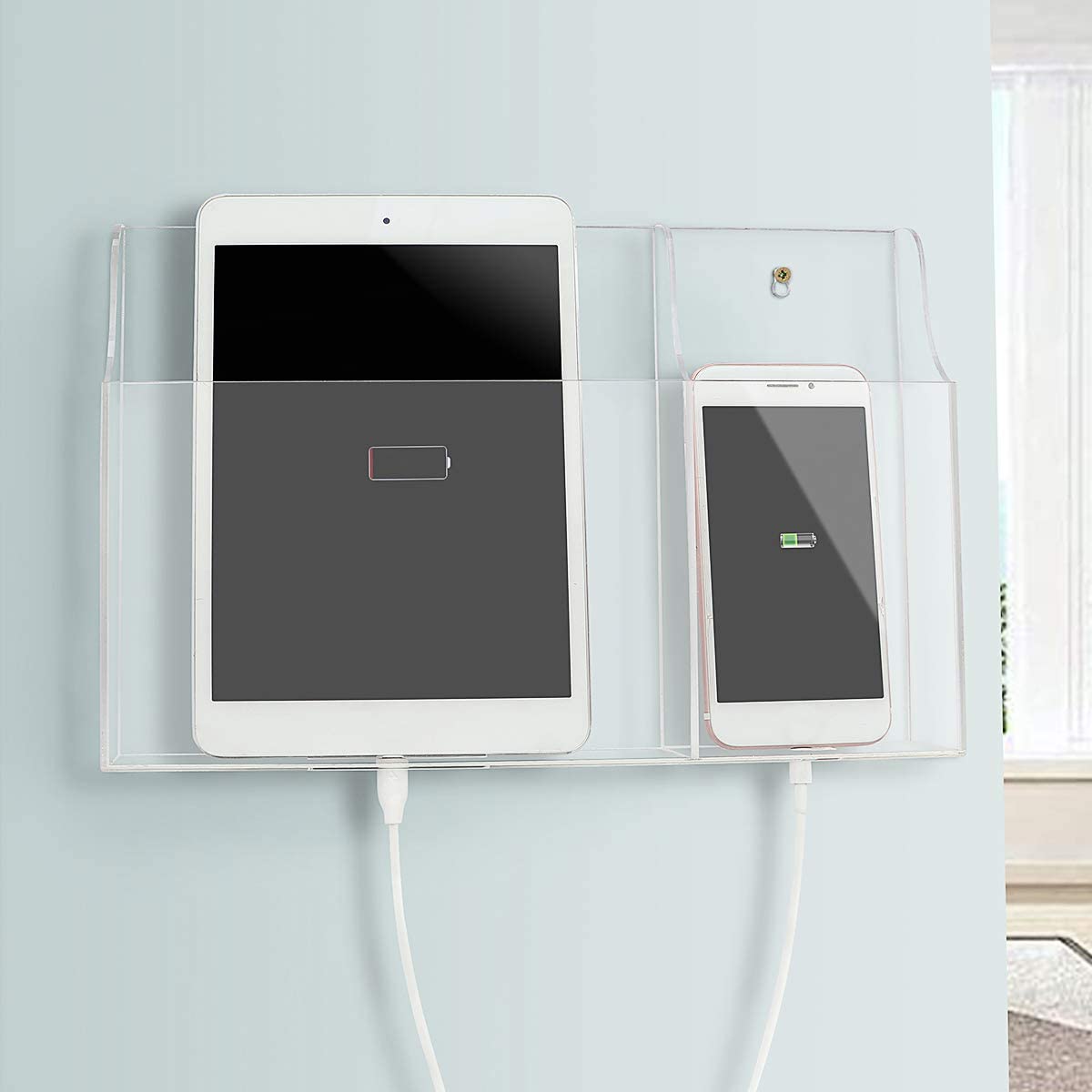 iPad/Mobile Wall-Mounted Organizer Box – 2-Hole Holder for Devices & Charging Stations
