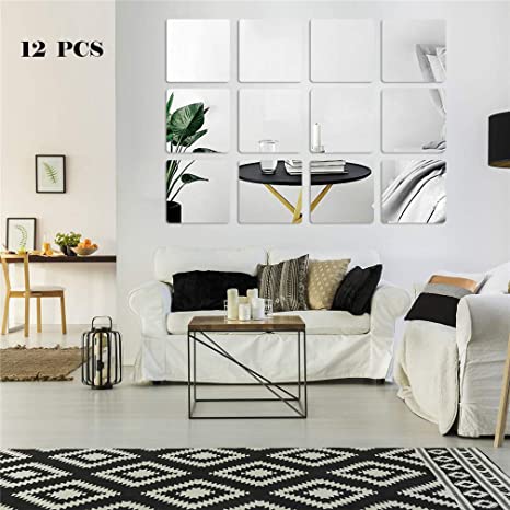 12pcs Square Mirror Tile Adhesive DIY Wall Sticker 15cmx15cm