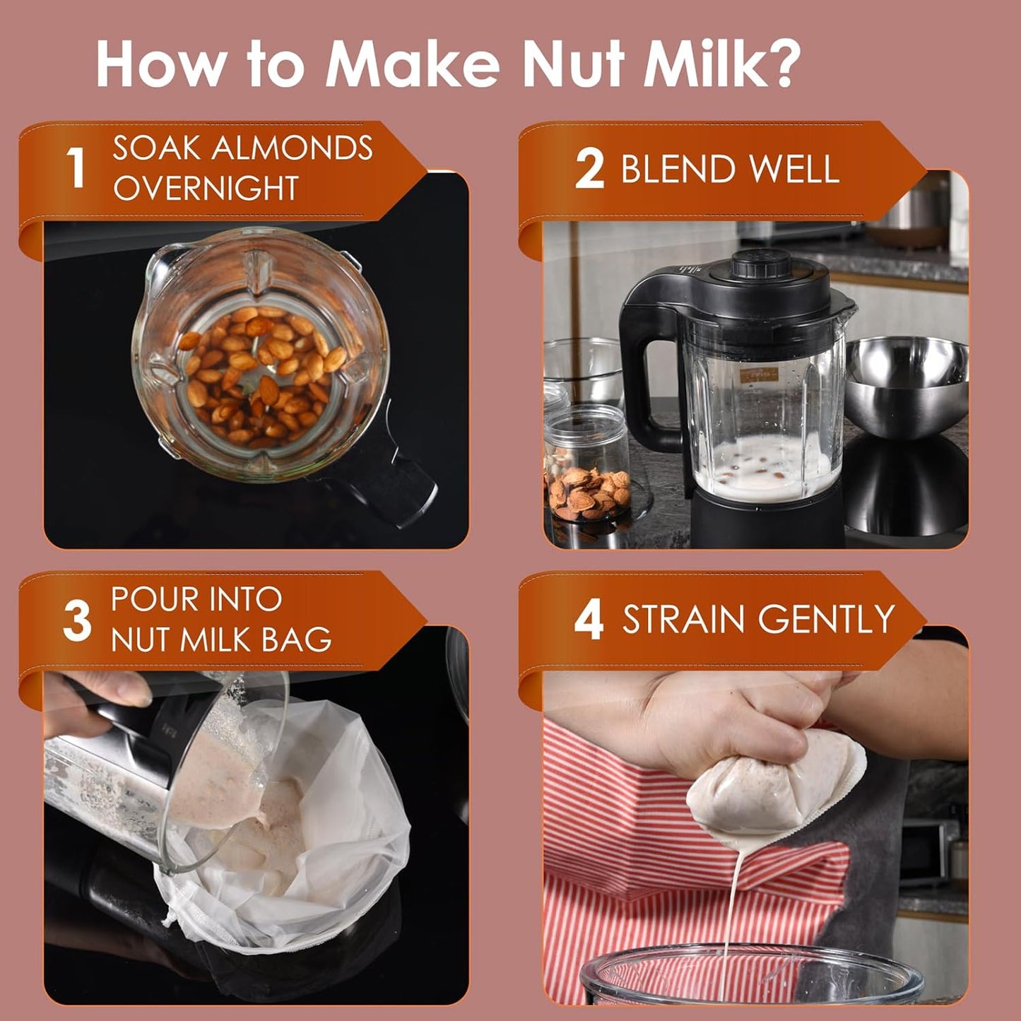 Pack 4Pc - Organic Nut Milk Bag - Medium 30x30cm Reusable All Purpose Food Strainer for Almond Milk, Juice, Cheese, Greek Yogurt