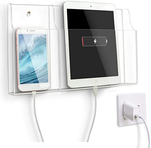 iPad/Mobile Wall-Mounted Organizer Box – 2-Hole Holder for Devices & Charging Stations