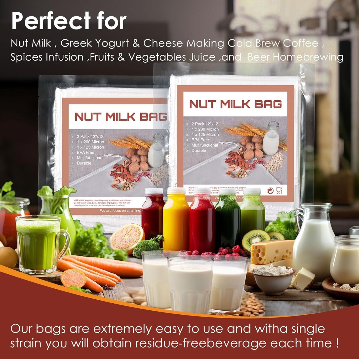 Pack 4Pc - Organic Nut Milk Bag - Medium 30x30cm Reusable All Purpose Food Strainer for Almond Milk, Juice, Cheese, Greek Yogurt