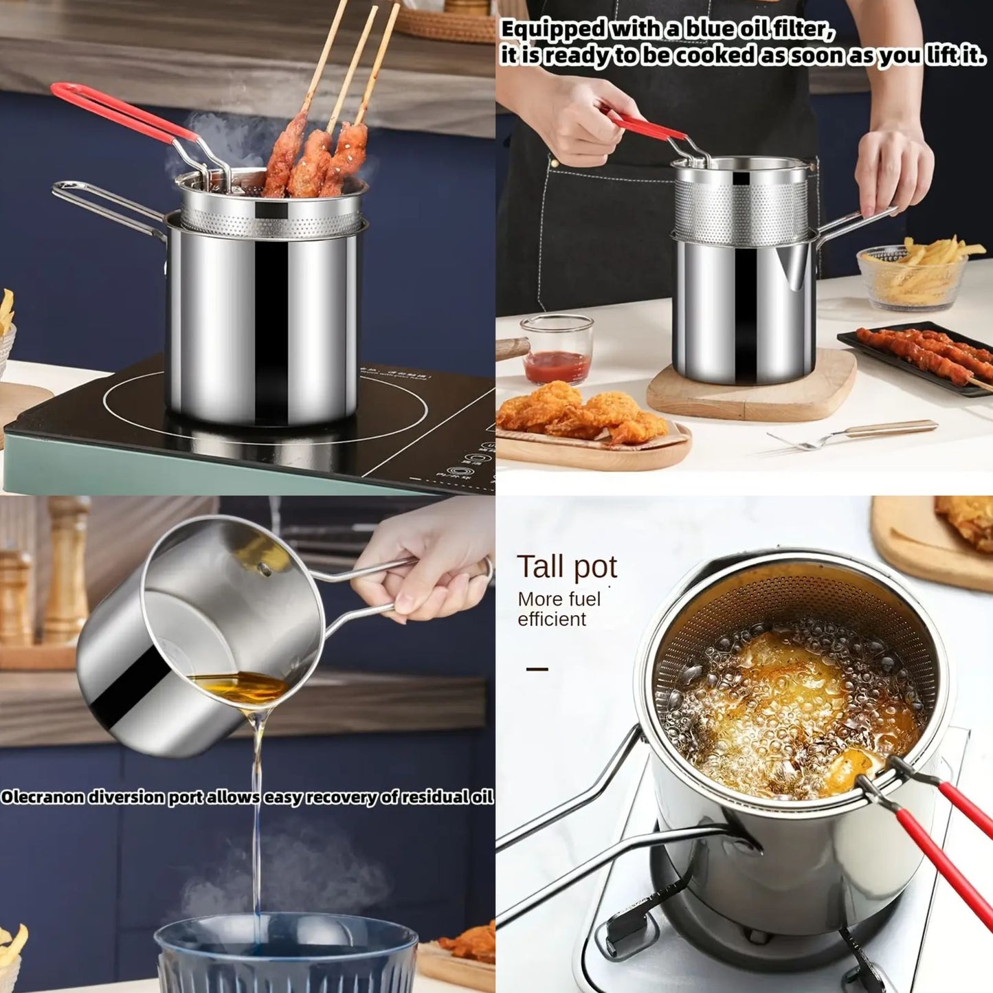 1.2L Stainless Steel Deep Fryer Pot with Strainer & Handle