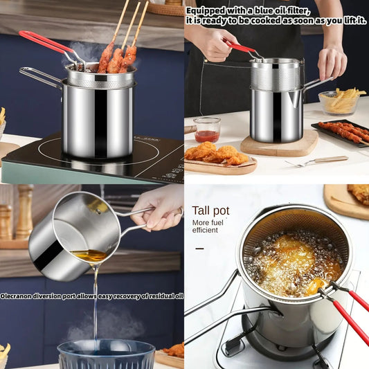 1.2L Stainless Steel Deep Fryer Pot with Strainer & Handle