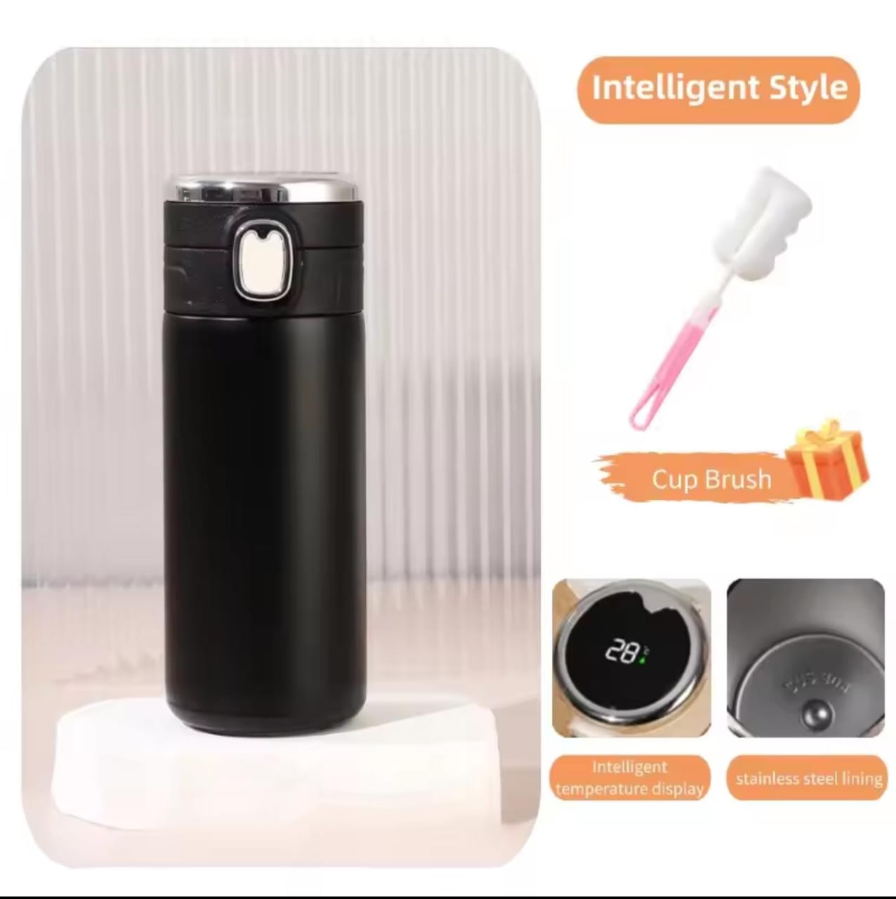 Water Coffee Bottle Double Wall Vacuum Insulated Bottle Smart with Led Temperature Display (Black)