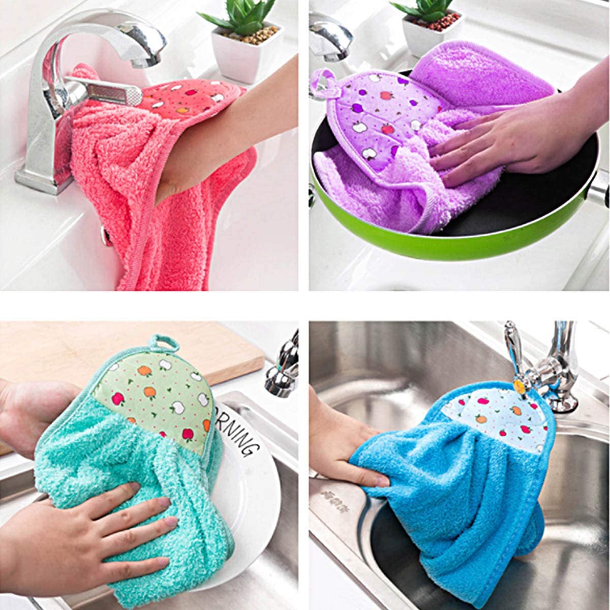 Pack of 4Pc - Kitchen/Bathroom Towels - Dish Towels - Hanging Loop - Quick Drying - Convenient - Hand Towel